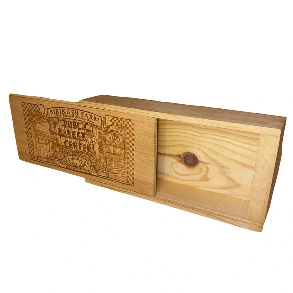 BIRINGER FARM Wooden Storage Box Sliding Lid Solid Wood Etched Engraved Design